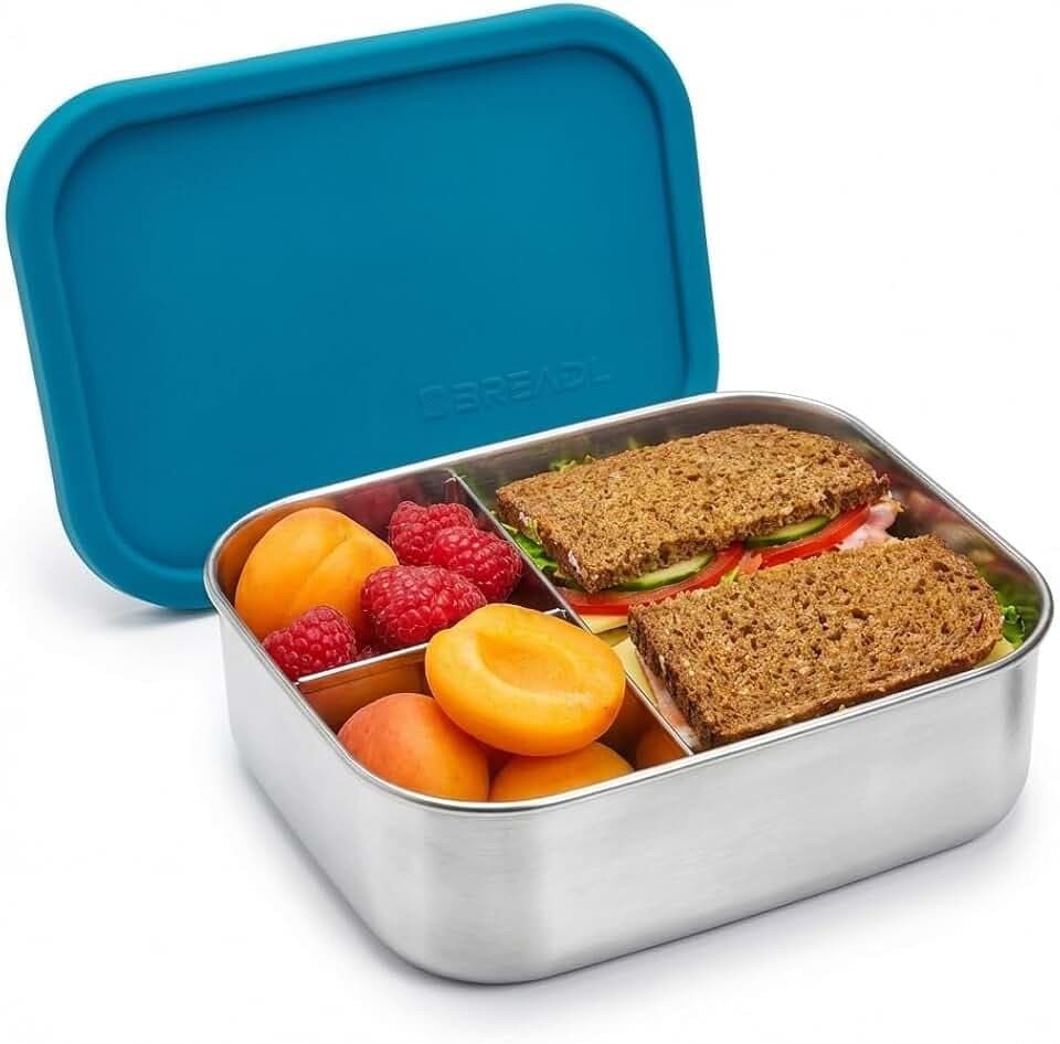 Edelstahl Brotdose, Feste Trennwand und 3 Fächer, Silikondeckel, Auslaufsicher, Spülmaschinengeeignet, Kleine 1000ml Lunchbox und Brotzeitbox aus Metall für Kinder und Erwachsene