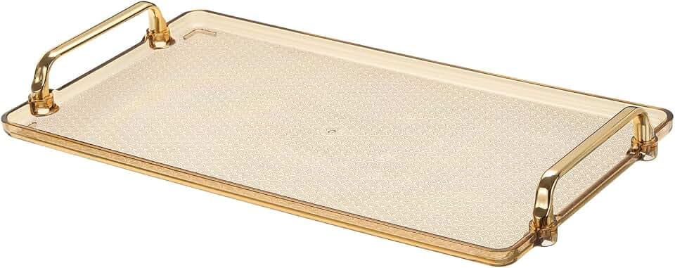 PATIKIL Plastik Servierschale mit Golden Handgriff 16.1" x 8.7" Modernes Rechteckig Dekorativ wiederverwendbar Tablett Schmuck Servierplatte für Arbeitsplatte Bad Küche Amber