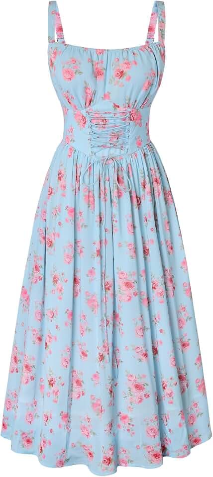 SCARLET DARKNESS Sommerkleid Damen Lang Spaghettiträger Strandkleid Ärmellos Blumendruck Chiffonkleid mit Taschen