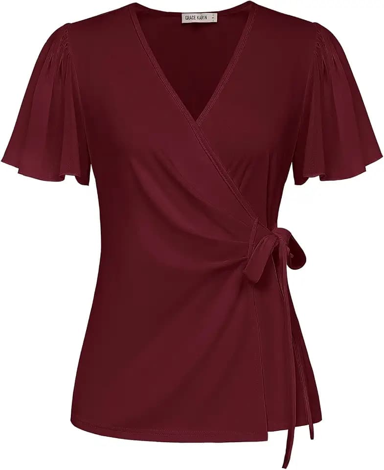 GRACE KARIN Damen Wickelbluse Elegant V-Ausschnitt Tunika Fließende Chiffon Kurzarm Oberteile Basic Loose Fit Sommer Freizeit Top