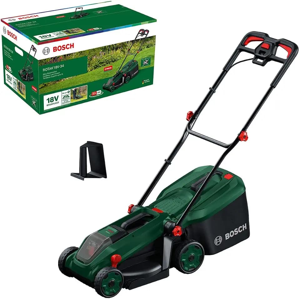 Bosch Akku-Rasenmäher ROTAK18V-34 (Schnittbreite: 34 cm, Schnitthöhe: 25-65 mm, 35 l Stoff-Grasfangkorb, Mulchstopfen, ohne Akku)
