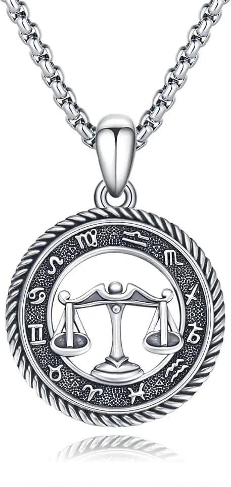 14KGold Zodiac Necklace for Men 925 Sterling Silver Horoscope Constellation PendantMedal Birthday Gifts Jewelry for Him (12 Zodiac Siqns)