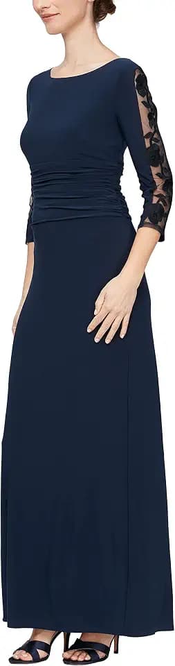 S.L. Fashions Women's Long Ruched Waist Dress Embroidered Sleeve (Reg Plus Petite)