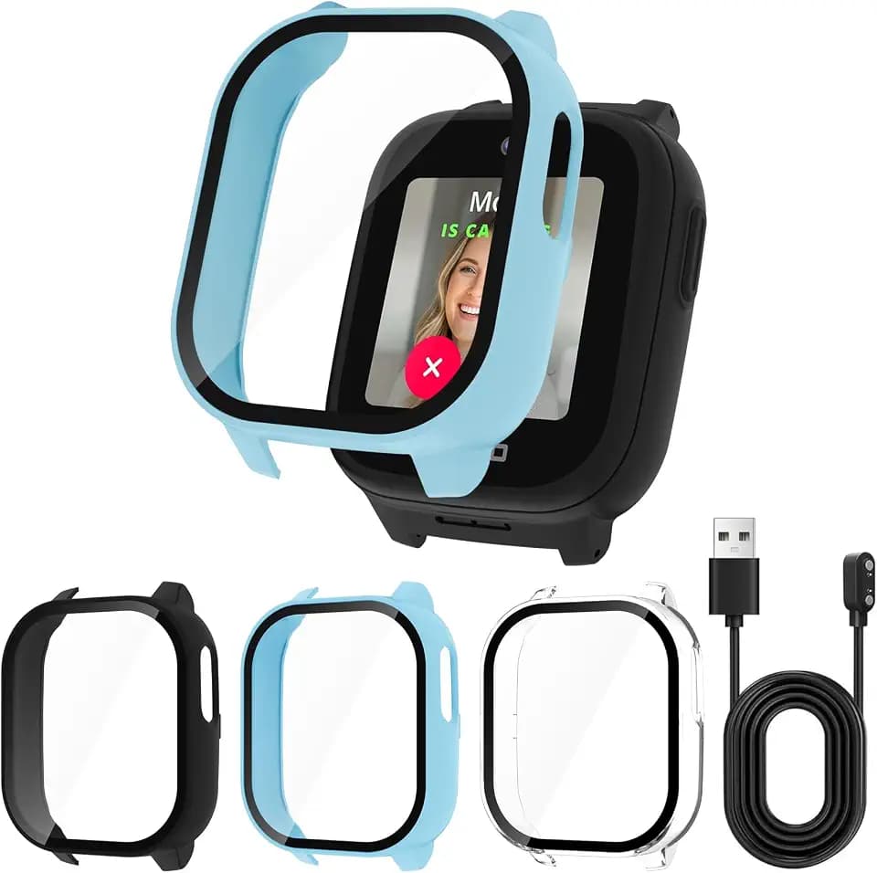 3-Pack Matte Case Compatible with Cosmo Jrtrack 5 Kids Smart Watch, Hard PC Cover HD Tempered Glass Screen Protector Case Anti-scratch Shell for Cosmo JrTrack 5 (Blue+Black+Clear)