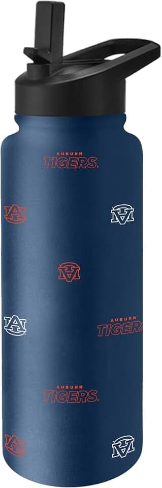 Logo Brands NCAA Auburn Tigers Step & Repeat 34 oz Stainless Steel Quencher Bottle – All Over Logo Design, No-Spill Lid, Easy Carry Handle - Keeps Drinks Cold For Hours