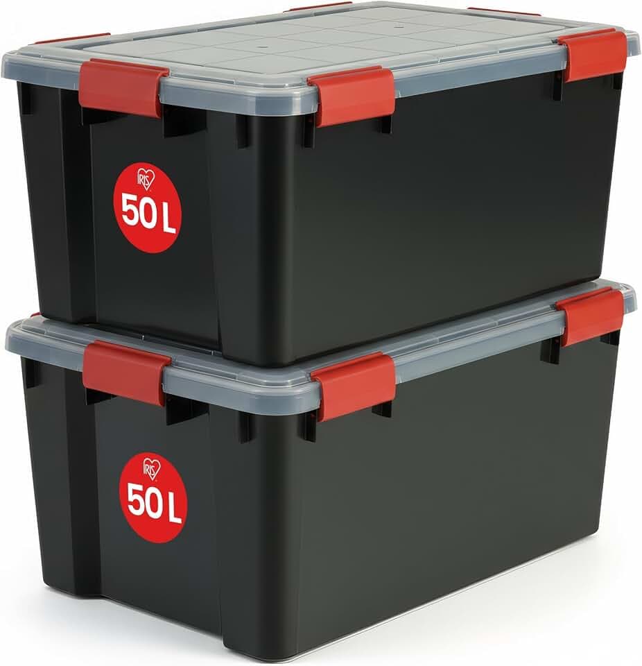 Iris Ohyama Luftdichte Kunststoff-Aufbewahrungsboxen mit Deckel, 50L, 2er-Set, Schwarz, Hermetischer wasserdichter Verschluss, Robuste Schnappverschlüsse, Stapelbar, Staubschutz, BPA-frei, AT-L