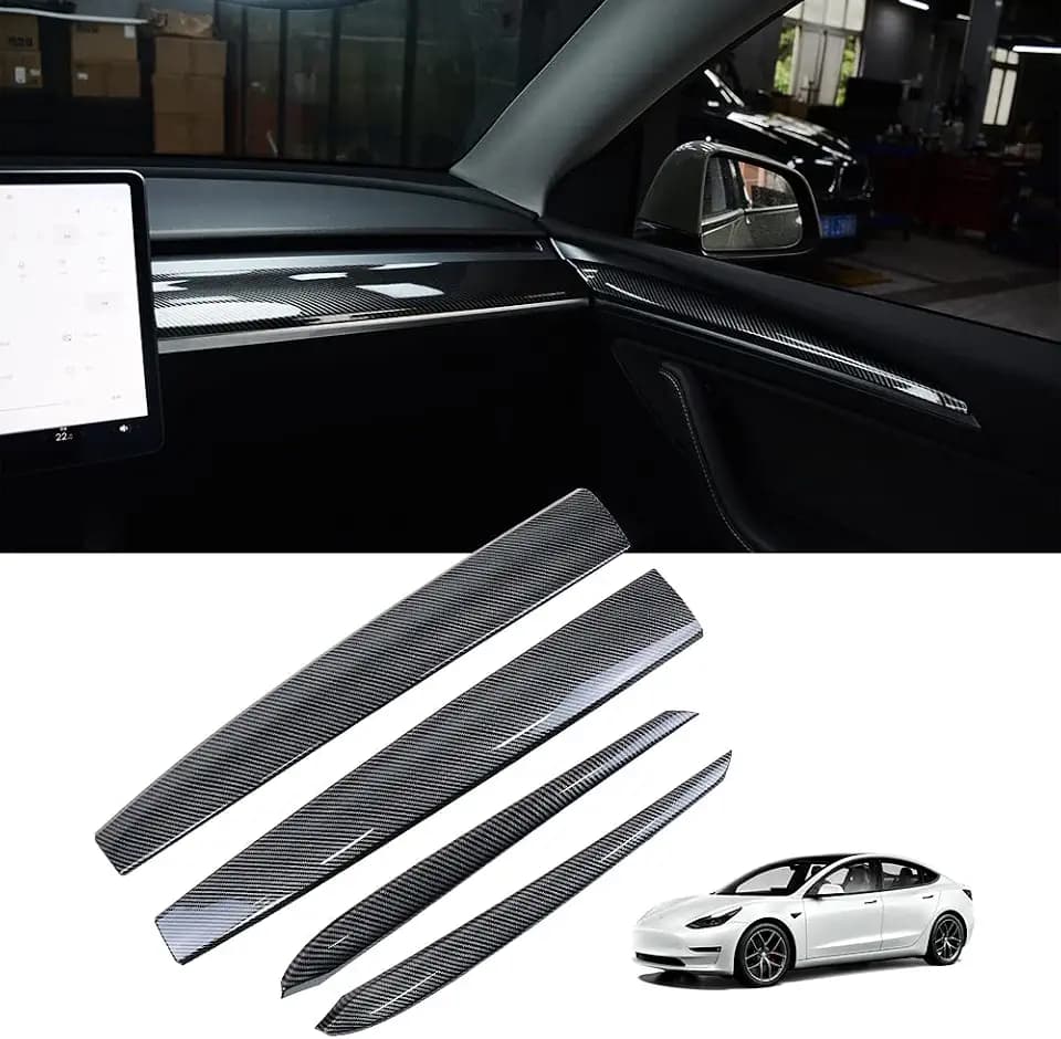 KKTR-CAR Dashboard Cover Wrap and Front Door Inner Armrest Panel Cover Trim Compatible with Tesla Model 3 2021-2023 Model y 2020-2025,NOT for Performance (Glossy Carbon Fiber Pattern, 4pcs)