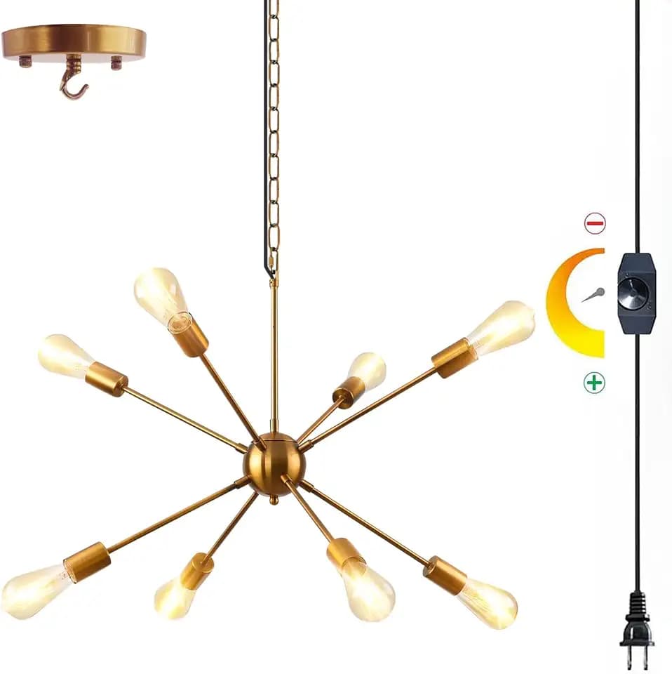 HOXIYA 26.3" DIMMABLE Plug in Chandelier, Modern Sputnik Chandeliers Brushed Gold 8-Lights Plug in Pendant Light, Mid Century Hanging Ceiling Lighting Fixture for Dining Room Bedroom Kitchen Entryway