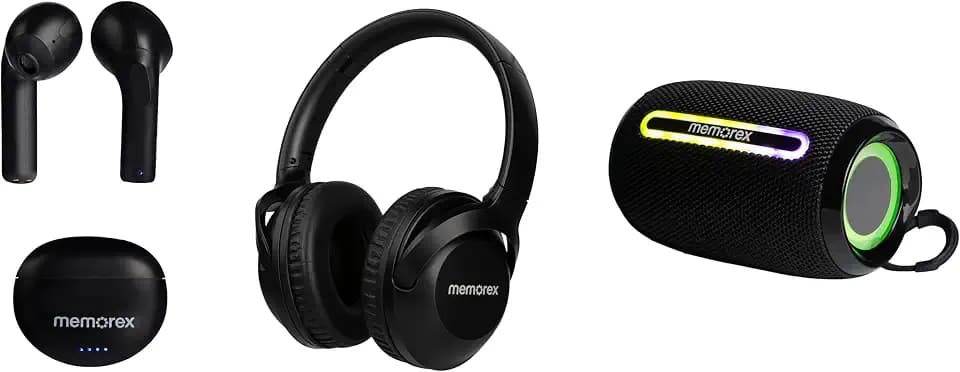 Memorex 3-in-1 Wireless Audio Bundle Triple Pack | MX-HSP3P-II(K) | Bluetooth Headphones | True Wireless Earbuds & Portable Bluetooth Speaker | Bluetooth 5.1 | Hands-Free Calls (Black)