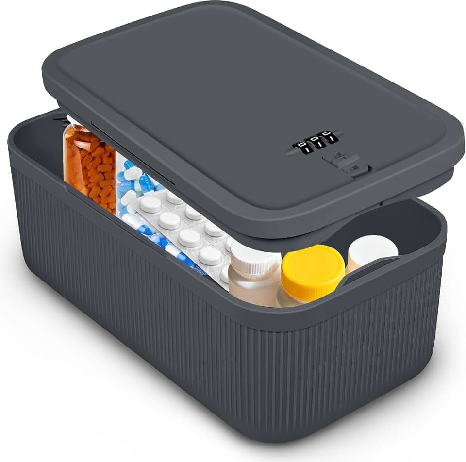 Small Lock Box,Lockable Storage Box with Combination Code for Medication Safe, Medicine Lock Box for Pills/First Aid Kits/Food/Snack Phone Jail,Locked Container for Home/Fridge/Office (Gray)