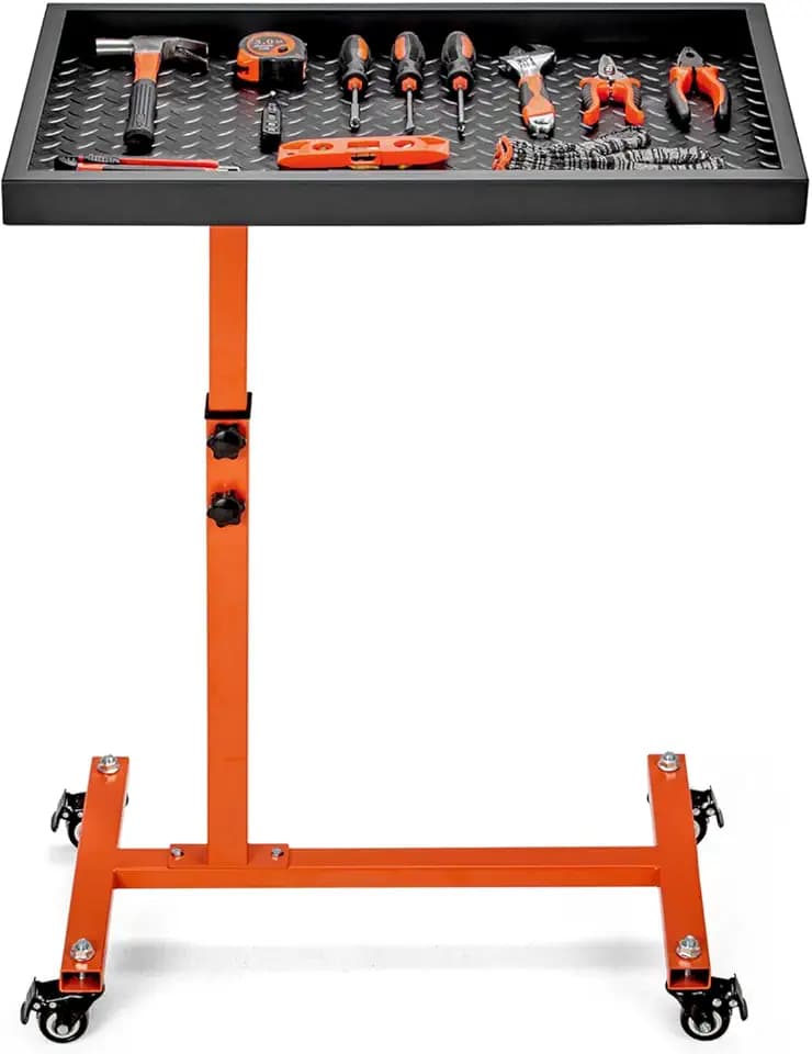 OLBRUS Adjustable Work Table, Mechanic Rolling Tool Tray Table, Orange
