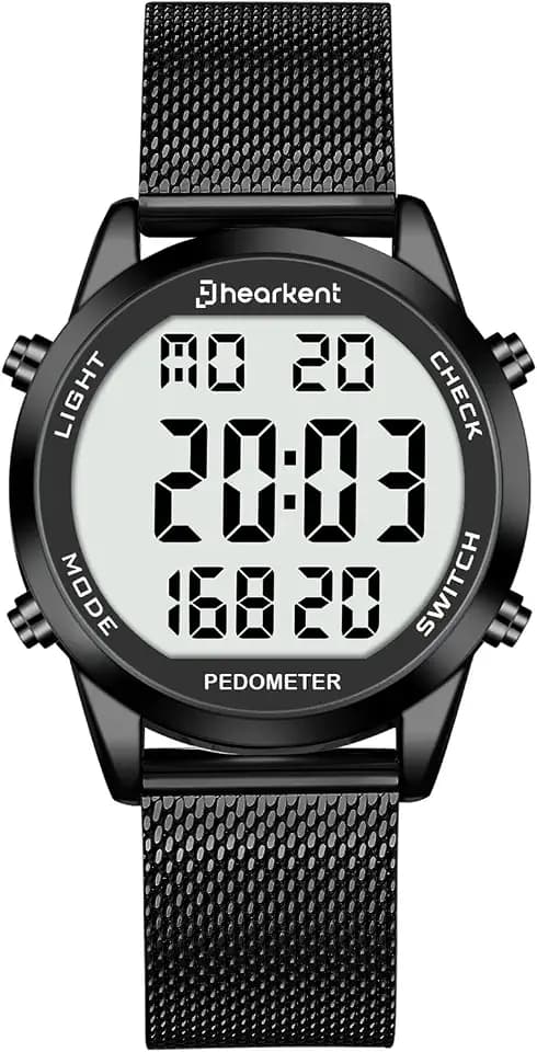 Hearkent Digitale Uhren für Herren, wasserdichte Uhr mit Schrittzähler, Wecker, Kalorien, Entfernung, Alarm, Countdown, Edelstahlarmband, Schwarz , Armband