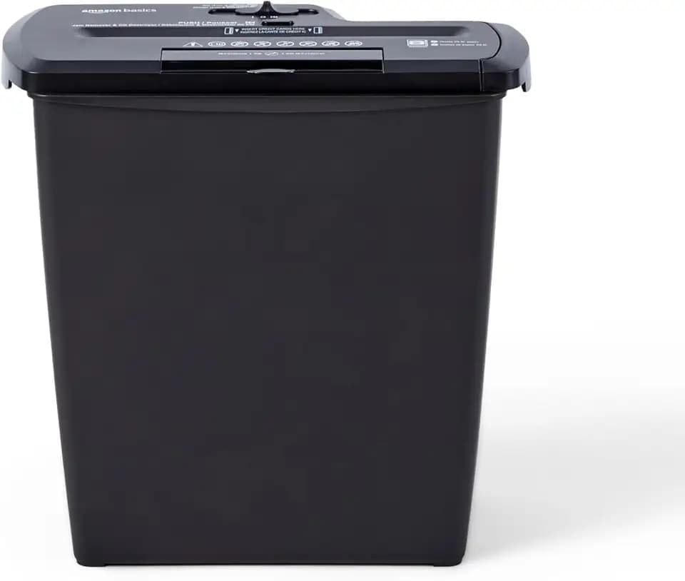 Amazon Basics 8-Sheet Strip Cut Paper, CD, and Credit Card Shredder, 3.2 Gallons Wastebasket, Black