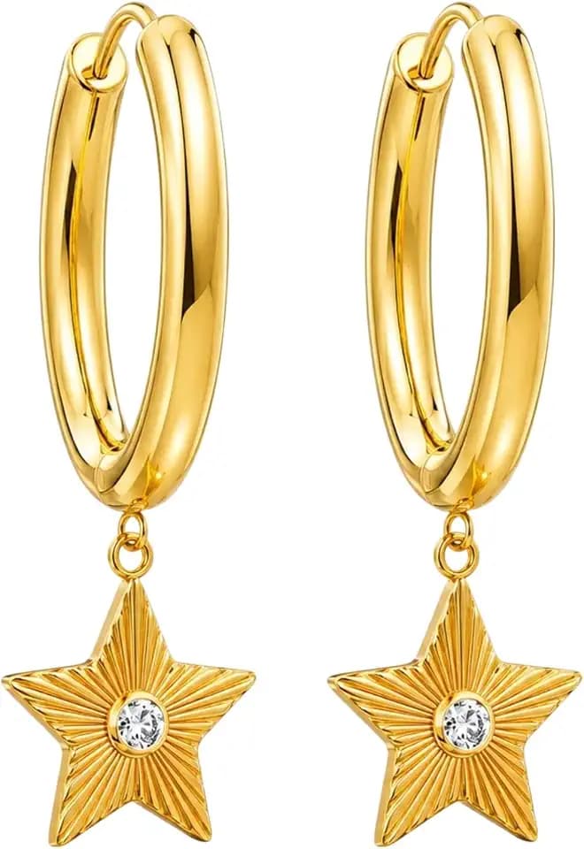 14K Gold/Silver Star Drop Hoop Earrings for Women - Zirconia Textured Star Dangle Huggie Hoops Hypoallergenic Stainless Steel Small Dainty Jewelry Gifts for Everyday Birthday Anniversary