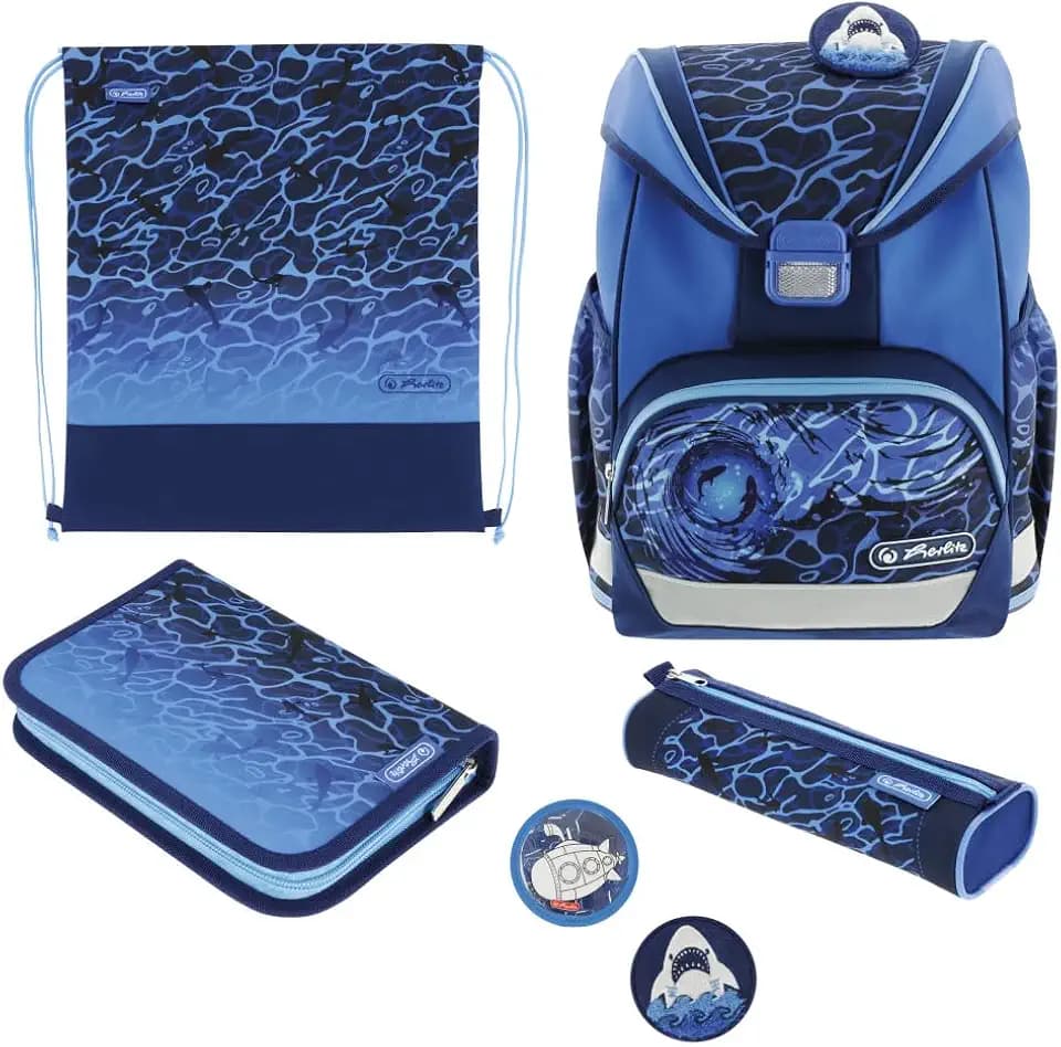 Herlitz Schulranzen Set 6-teilig Ultralight Blue Shark 1. Klasse, Blau, 16L