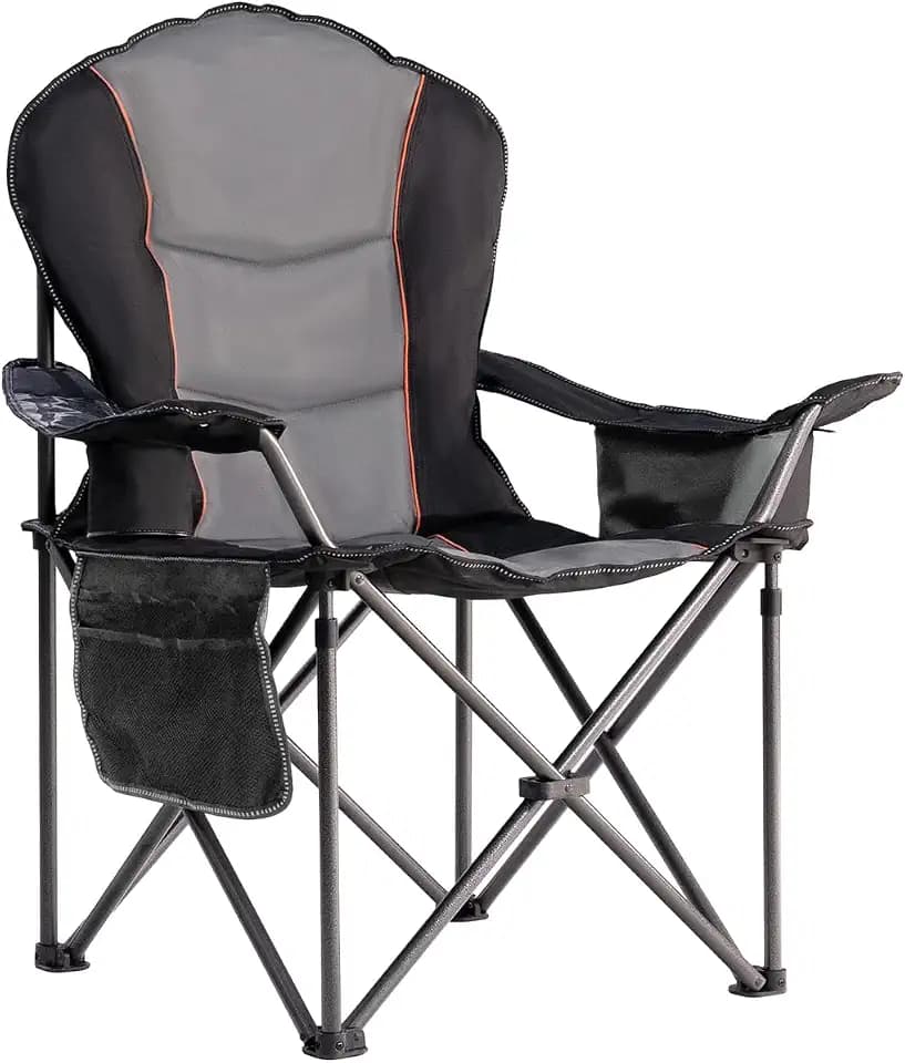 Large Camping Chair with Side Table Heavy Duty 500LBS - Folding Outdoor Chair with Cooler Bag (Black & Gray, 1 PCS)