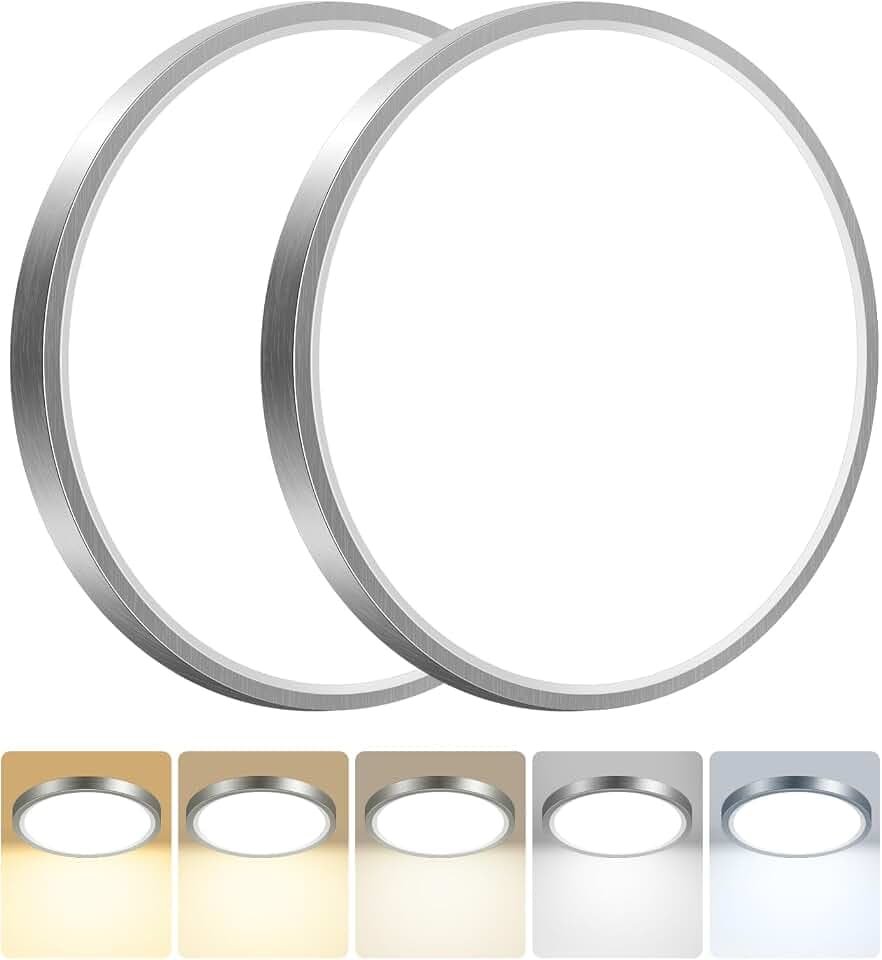 Peasur 2Stück Deckenlampe LED Deckenleuchte Flach,5Farben-3000/3500/4000/5000/6500K,Wasserfest Badezimmer Lampe Decke,18W Modern Rund Lampe für bad flur schlafzimmer Wohnzimmer,22 * 1.7cm,Nickel