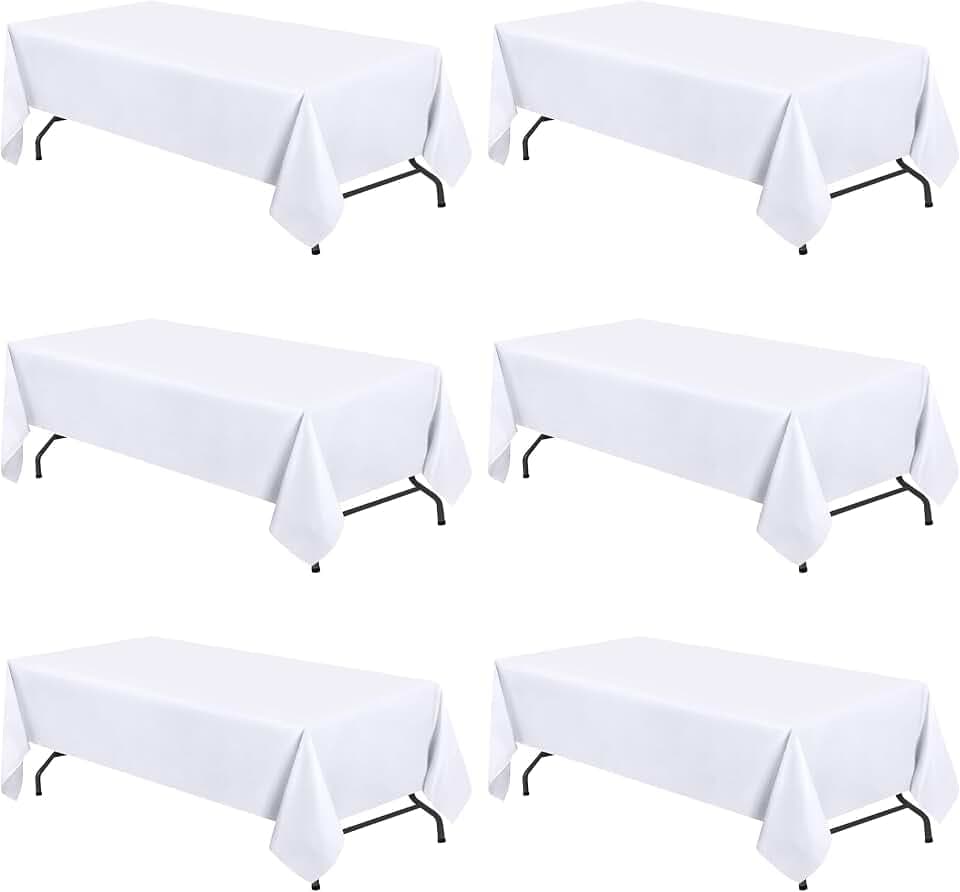WEALUXE White Table Cloths for 6 Foot Folding Tables [6 Pack, 60x102 Inches] White Tablecloths Rectangular, Stain and Wrinkle Resistant Washable Linen Fabric Cloth