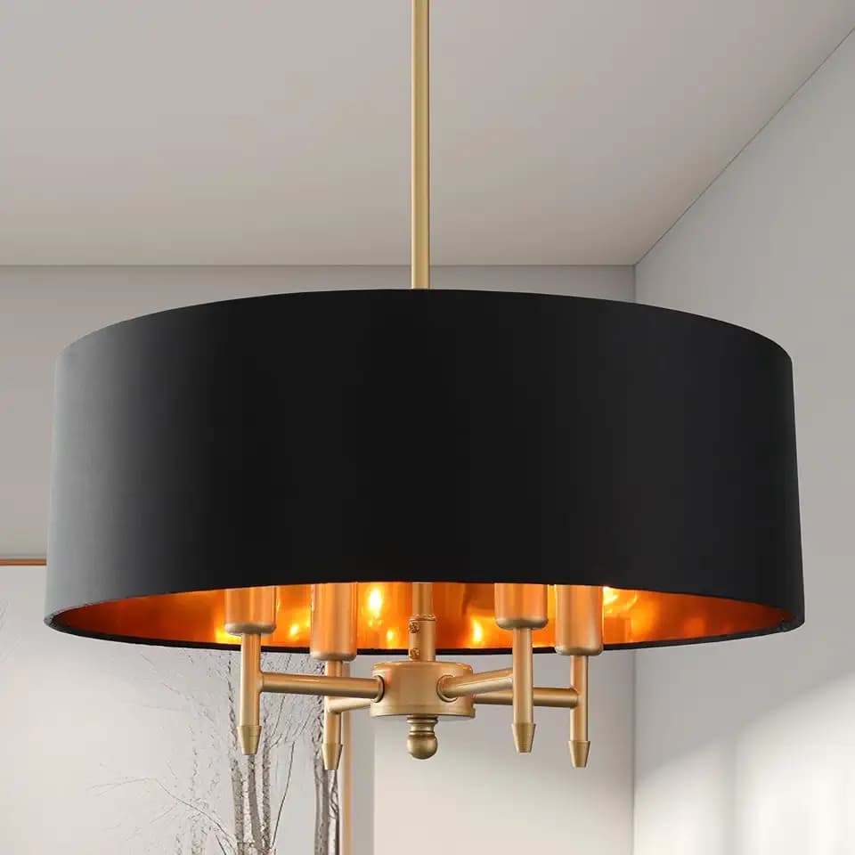 Black Gold Drum Chandelier 4-Light Shade Linen Light Fixture