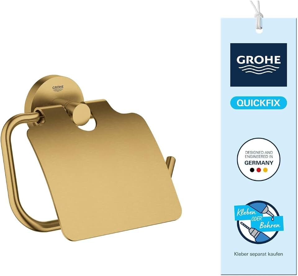 GROHE Start, Toilettenpapierhalter WC ohne Bohren (zum Kleben und Bohren geeignet, mit Schrauben & Dübel, Kleber separat kaufen, mit Deckel, verdeckte Befestigung), cool Sunrise, Gold, 41179GN0