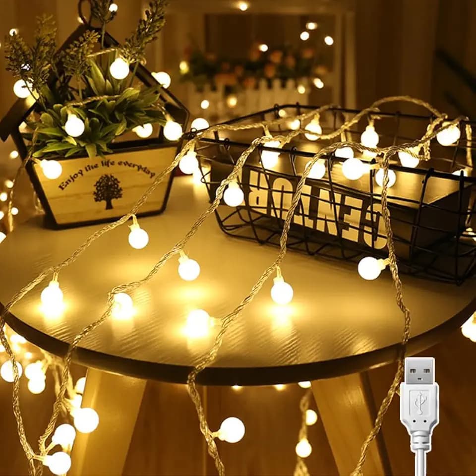 Liyade Kugel-Lichterkette 7 m 40 LED, Warmweiß, USB | 5 V, 2700 K, für Zimmer, Kinderzimmer, Balkon, Hochzeit, Party und Weihnachtsdeko
