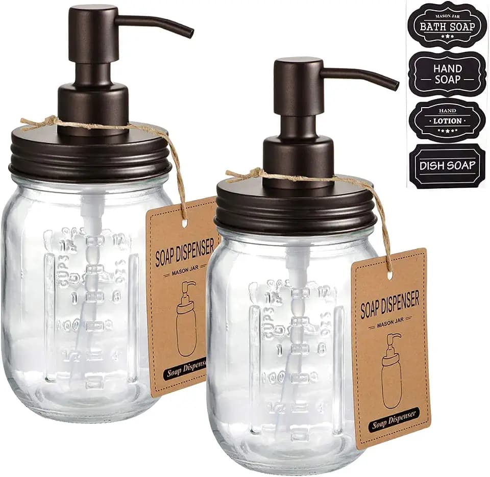Mason Jar Seifenspender – Bronze rostfreier 304 Edelstahl Deckel & Pumpe Ideal für Handseife, Lotionen, Spülseife, Flüssigseife, Badseife, Bauernhaus Dekor Bad Küche Waschbecken (2 Stück)