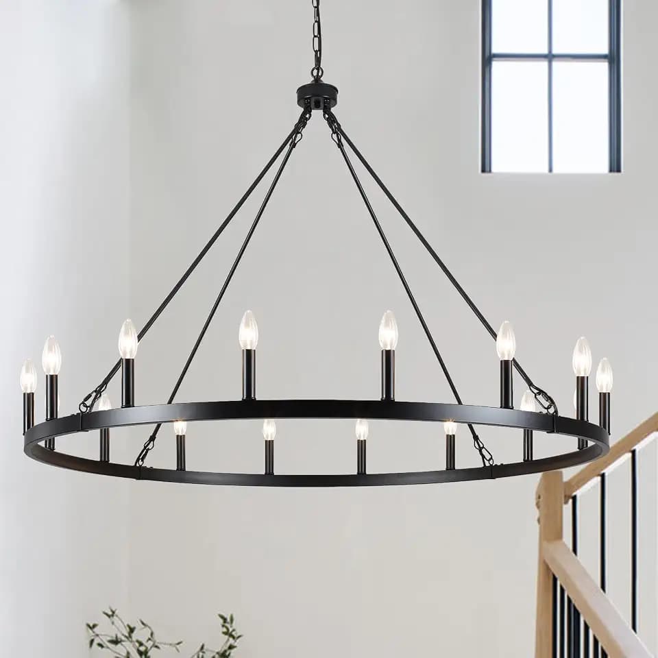 Black Wagon Wheel Chandelier 16-Light 47" Farmhouse Chandelier Round Country Rustic Hanging Light Fixtures Modern Large Chandeliers for High Ceilings Outdoor Porch Entryway Foyer Living Dining Room