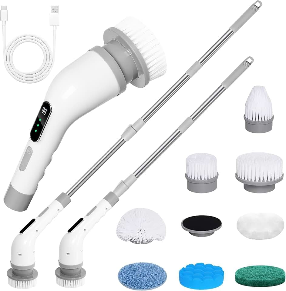 Reinigungsbürste Elektrisch, 9 in 1 Elektrische Reinigungsbürste Bad mit 3 Geschwindigkeiten, Putzbürste Elektrisch mit 125cm Verstellbarem Griff, Electric Cleaning Brush für Küche Fliesenund Auto