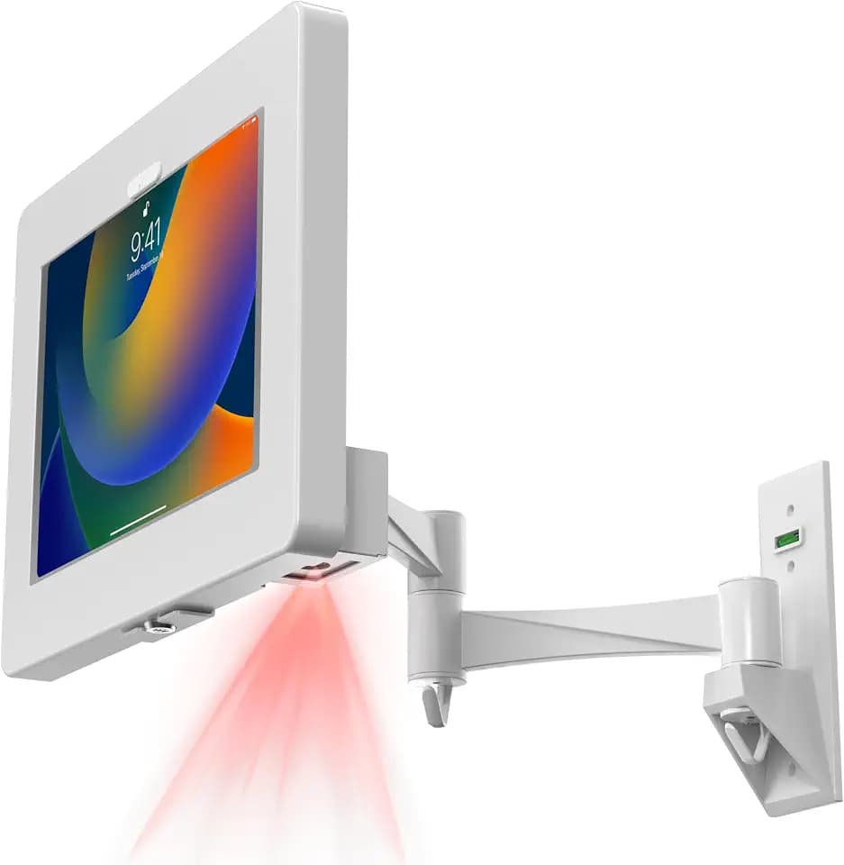 Premium Wall Mount Arm with Bar Code Scanner – CTA White Wall Mount for iPad 11 (A16) - Pro 11-inch M4 - Air 11-inch M3- iPad 10th Gen - Galaxy Tab & More Tablets - White (PAD-WMAPW2D)