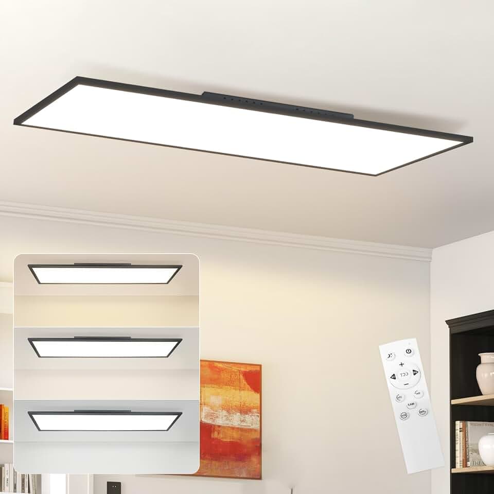 ZMH LED Panel Deckenleuchte 120x30cm Dimmbar Flach Deckenlampe Lang Rechteckig Deckenpanel Schwarz 40W Tageslichtlampe mit Fernbedienung für Büro Küche Flur Wohnzimmer Schlafzimmer