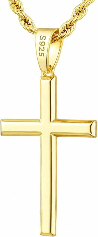 SWEETV 18K Gold Cross Necklace for Men, 925 Sterling Silver Cross Pendant