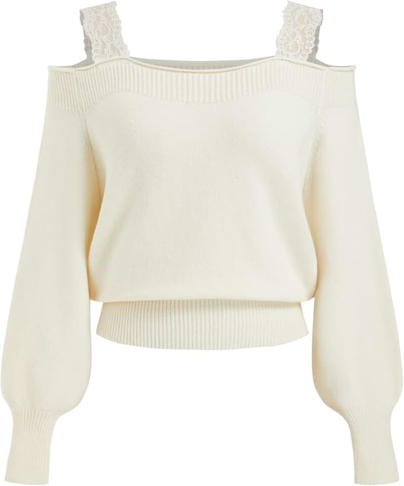 CIDER Women's Off The Shoulder Sweater Lace Trim Long Sleeve Pullover Knit Sweater Fall Winter Outfits, Beige, L
