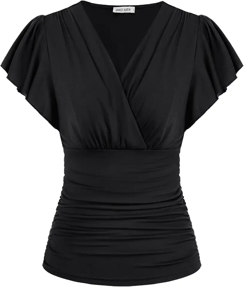 GRACE KARIN Damen Rüschen Bluse V-Ausschnitt Kurzarm Oberteile Elegant Plissee-Top Slim Fit Wickelbluse