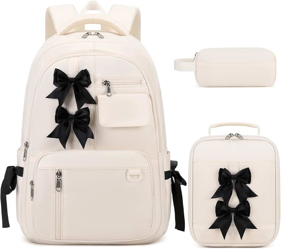 Bevalsa Backpack for Girls, Bow Backpack for Kids with Lunch Bag & Pen Case