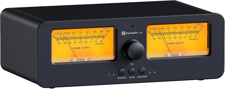 [Verbessert] Fosi Audio LC30 VU Meter Verstärker Lautsprecherwähler-Box, 2-Wege Analog-Audioschalter, für Stereo HiFi-Verstärker und Passive Lautsprecher, Home-Audio-Komponente mit Fernbedienung