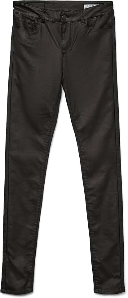 VERO MODA Damen Beschichtete Skinny Fit Jeans PU Kunstleder Hose Coated High Waist Stretch Pants Vmseven