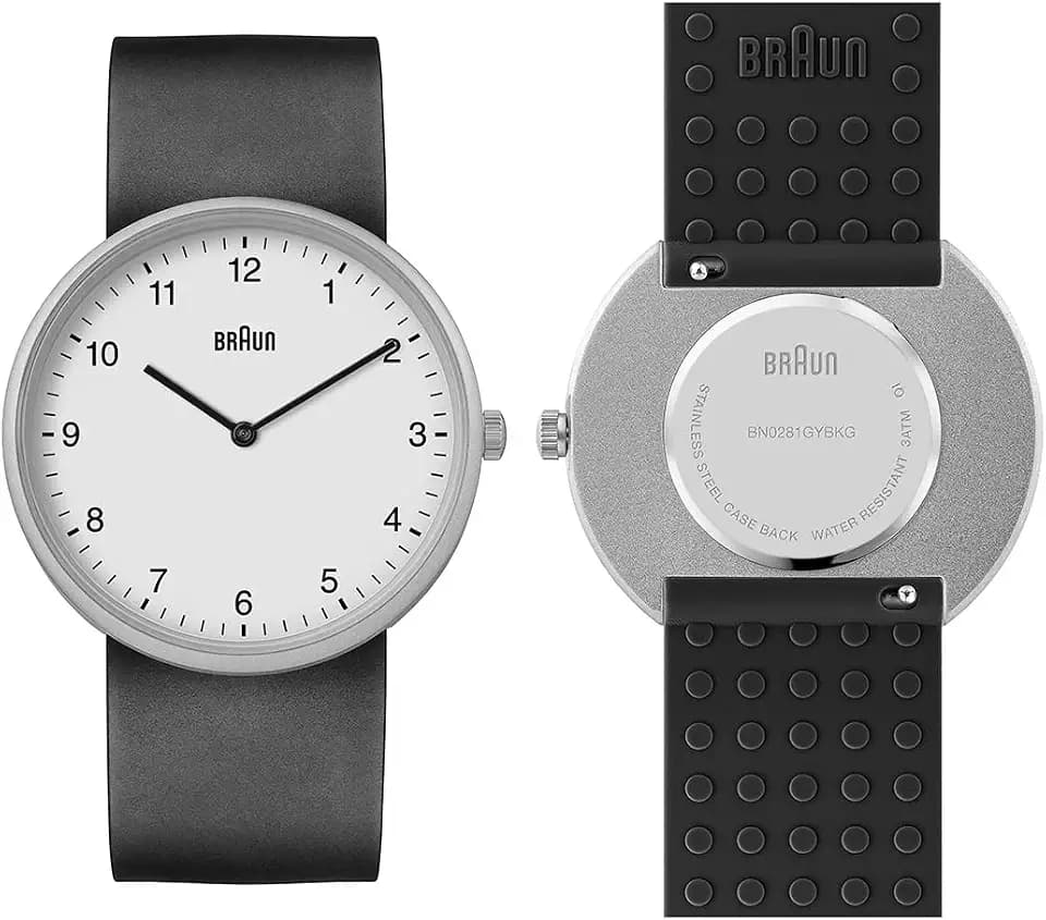 Braun 2-Zeiger-Analog-Quarzuhr mit zusätzlichem Silikonkautschukarmband, Federstege mit Schnellverschluss, 38 mm.