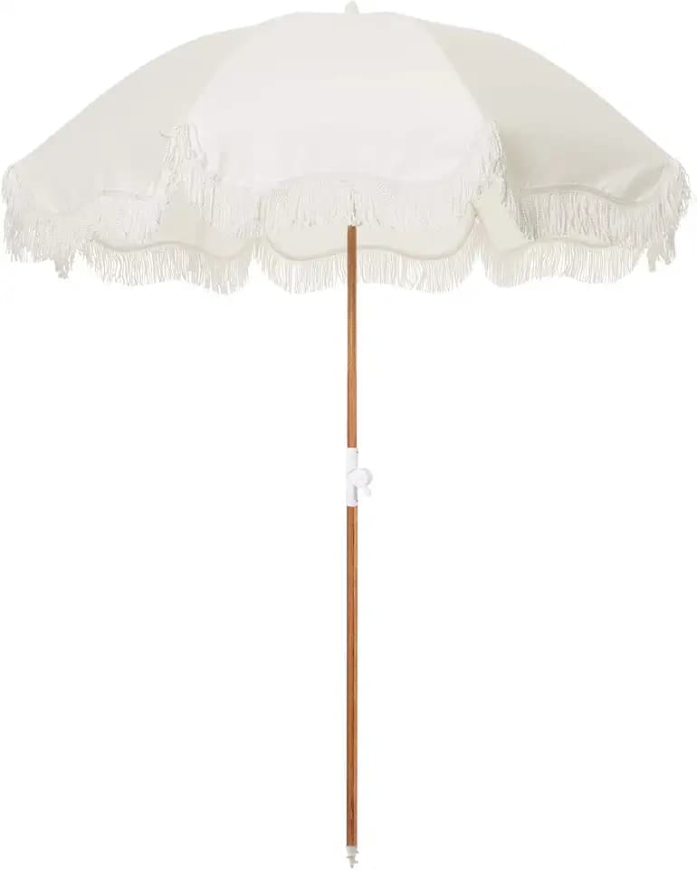 Business & Pleasure Co. Holiday Umbrella - Boho Beach Umbrella with White Fringe, UPF 50+, 1" Tilting Wood Pole, 5’ x 6.5’, Antique White