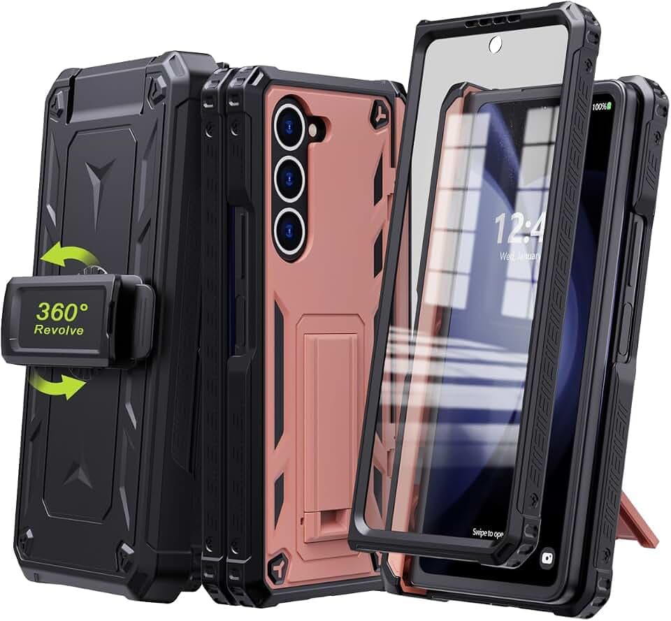 KJSK for Samsung Galaxy Z Fold 5 Case,with S Pen Holder+Belt Clip Holster+Built-in Kickstand+Hinge Protection,Heavy Duty Military Grade Drop Proof Case for Galaxy Z Fold 5(Rose Gold)