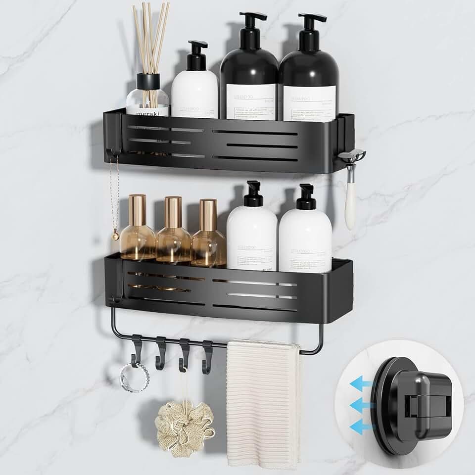 Onemake Shower Caddy Suction Cup, 2 Pack Shower Shelf with Hooks, Black