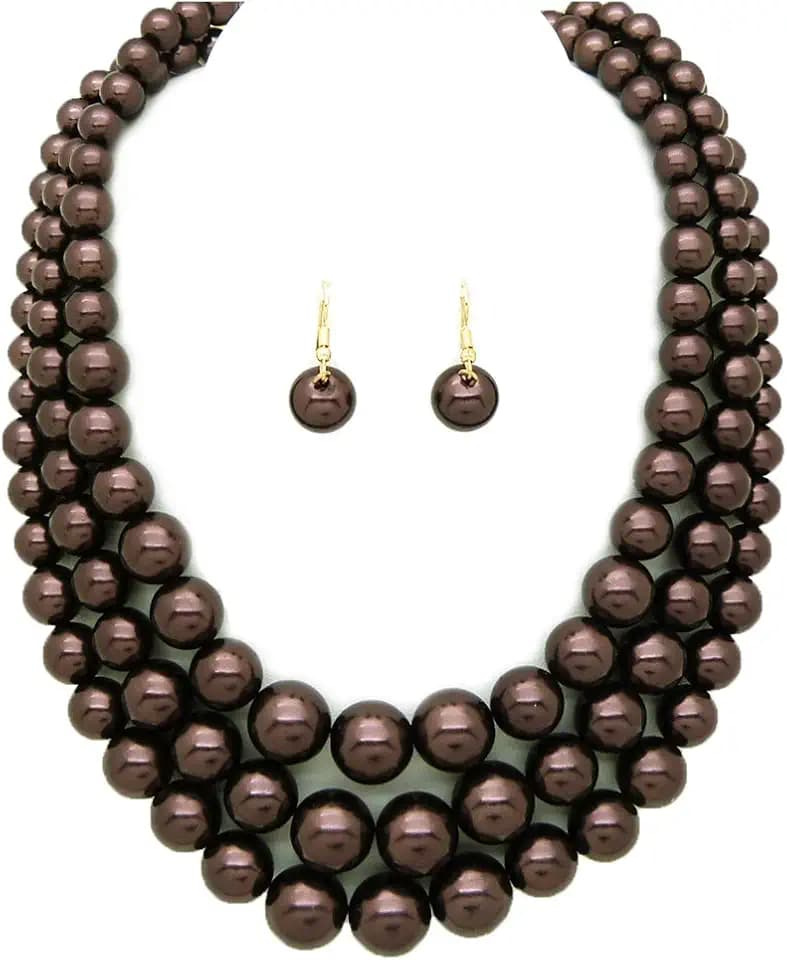 Fashion 21 Women's Faux Pearl Three Multi-Strand Statement Necklace and Earrings Set