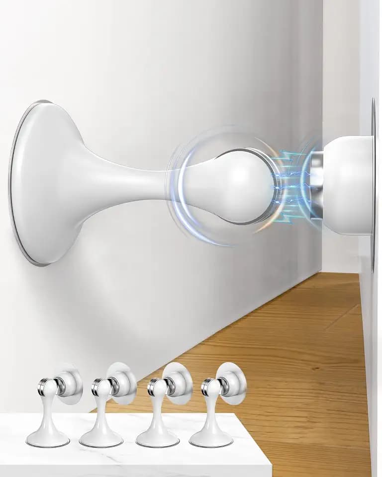 Magnetic Door Stoppers 4 Pack, Stainless Steel Door Stops for Wall and Floor Mounting, Door Holder Keep Door Open, No Drilling Door Stop with 3D Adhesive Tapes, White