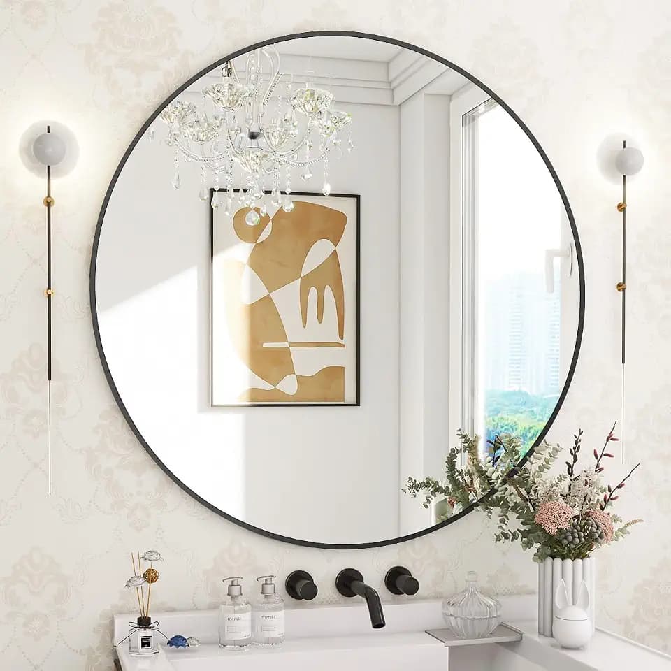 BEAUTYPEAK 30 Inch Round Mirror, Metal Frame Circle Mirror, Black