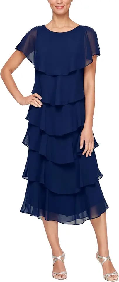 S.L. Fashions Womens Tiered Midi Wedding Guest, Mother of The Bride Dress with Bead Embellishment (Petite and Regular Sizes)