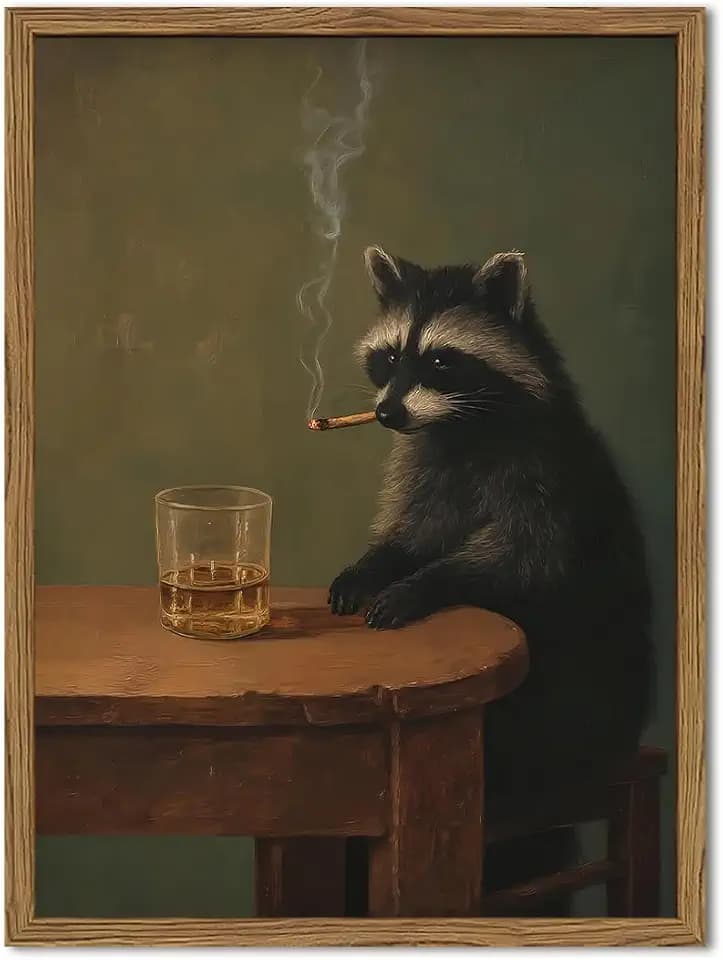 Whimsical Raccoon Wall Art Funny Raccoon Wall Decor Picture Dark Academia Animal Poster Canvas Painting Prints for Living Room Bar Bedroom 12x16 inch Wood Framed