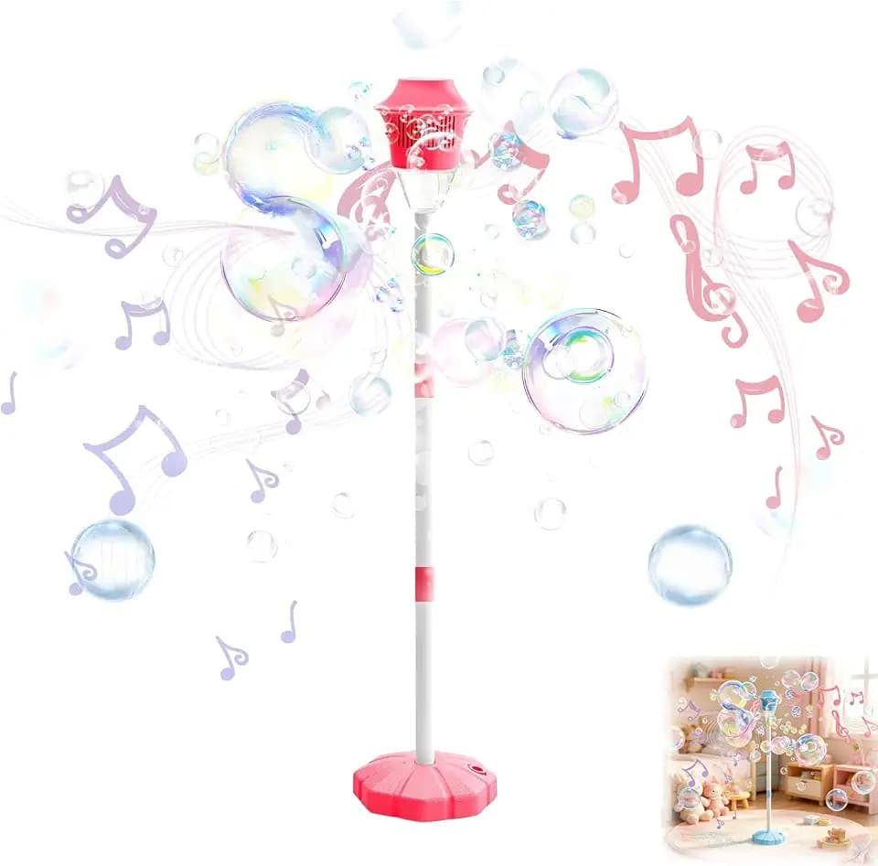 New Bubble Machine, 47in Rechargeable Automatic Bubble Maker with Light Music, 3 Level Heights Adjustable, Detachable Bubble Wand for Outdoor Party Wedding, Includes Bubble Solution (Red)