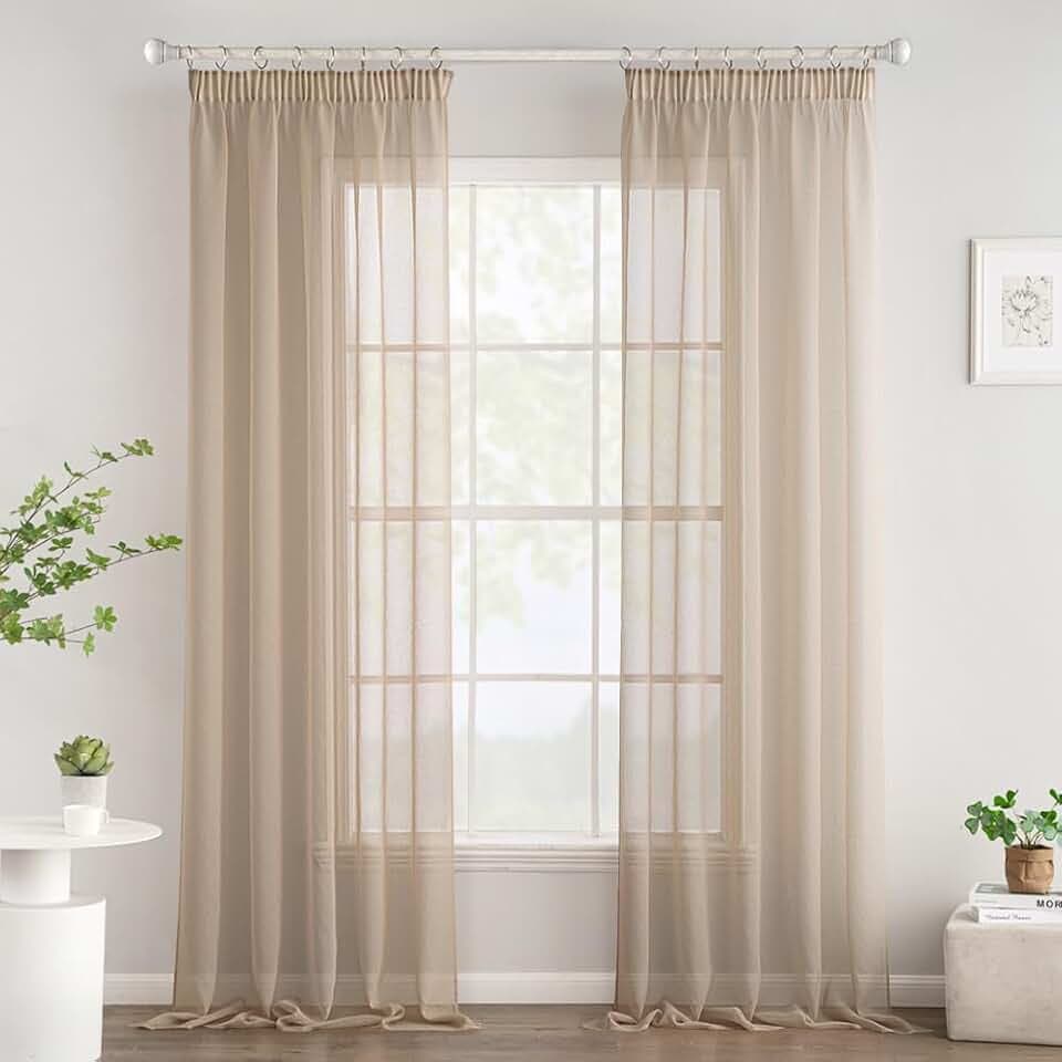 Woaboy Gardinen mit Kräuselband Voile Wohnzimmer 2er Set 140x215 cm Beige