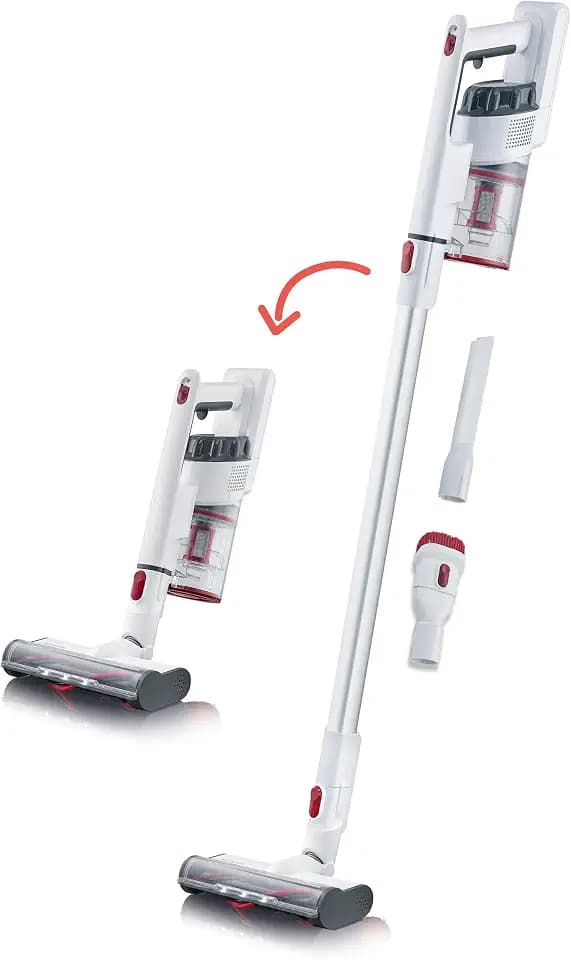 SEVERIN Kabelloser 2-in-1 Hand- und Stielsauger mit High-Speed LED-Bürste, ultraleicht für Teppich, Hartböden und Auto, beutellos, weiß, 22,2 V, HV 7152