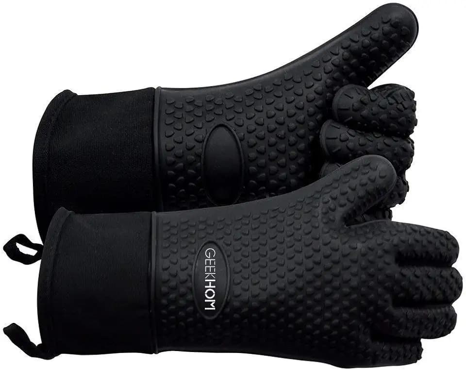 GEEKHOM BBQ Gloves Heat Resistant, 13.7 Inch Long Waterproof Silicone Oven Mitts for Grilling and Smoker, Non-Slip 5 Finger Kitchen Hot Mitts for Baking, Cooking & Cast Iron, Black