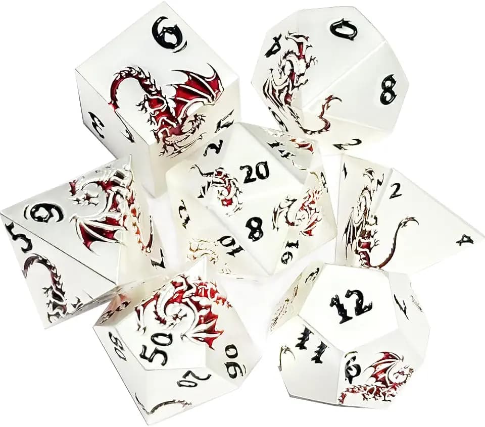 Crimson Dragonflight Engraved Metal Dice Set - 7-Piece Polyhedral Dice for Call of Cthulhu, RPG, and Tabletop Games- LWRH